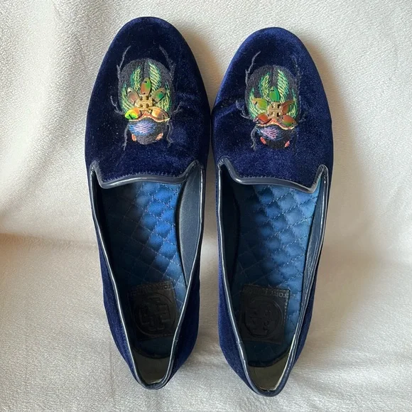 Tory Burch Easton Blue Velvet Loafers Embroidered Beetle Fairycore Regal Sz 6.5 - Picture 3 of 12
